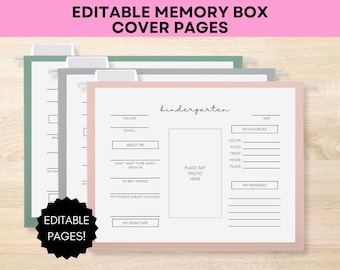 May include: Editable memory box cover pages for kindergarten. The pages are pink and white with black text and lines. The page includes sections for teacher, school, about me, what I want to be when I grow up, my best friends, my favorite subject in school, my signature, year, my favorites, and my memories. There is a space for a 3x5 photo.