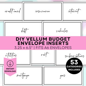 Puede incluir: Un conjunto imprimible de 53 insertos para sobres de presupuesto para un sistema de sobres de efectivo. Los insertos est&aacute;n dise&ntilde;ados para adaptarse a sobres A6 y miden 8,3 cm por 16,5 cm. La imagen muestra una variedad de categor&iacute;as, que incluyen tarjeta de cr&eacute;dito, seguro, internet, deudas, veh&iacute;culos, servicios p&uacute;blicos, alquiler, suscripciones, hipoteca y gasolina.