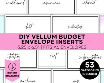 May include: A printable set of 53 budget envelope inserts for a cash envelope system. The inserts are designed to fit A6 envelopes and measure 3.25 inches by 6.5 inches. The image shows a variety of categories, including credit card, insurance, internet, debt, vehicles, utilities, rent, subscriptions, mortgage, and gas.