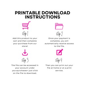Puede incluir: Instrucciones de descarga imprimible en cuatro pasos ilustrados con iconos. Paso 1: Agregar al carrito. Paso 2: Completar el pago. Paso 3: Acceder al archivo. Paso 4: Imprimir el archivo.