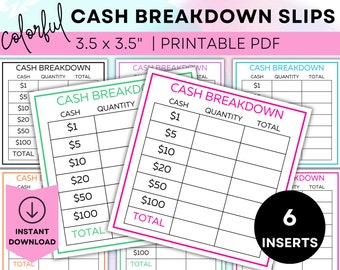 Printable Cash Breakdown Slip Printable Teller Slip Cash Withdrawal Slip Cash Denomination Slip Cash Budgeting Printable Cash Stuffing