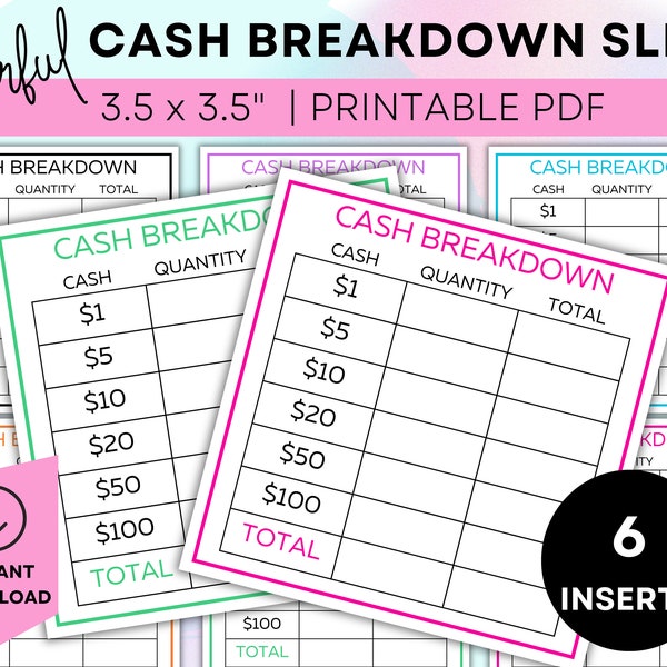 Printable Cash Breakdown Slip Printable Teller Slip Cash Withdrawal Slip Cash Denomination Slip Cash Budgeting Printable Cash Stuffing