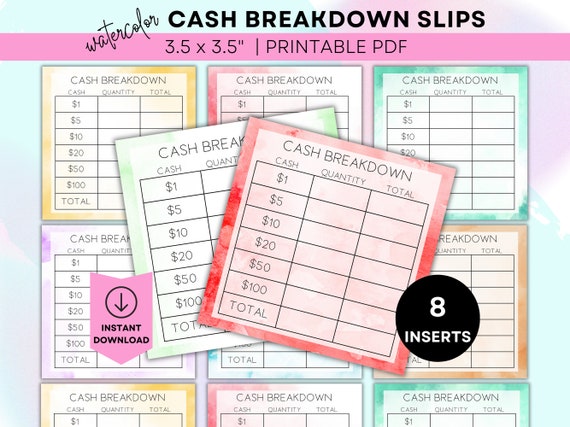 Printable Cash Breakdown Slip Printable Teller Slip Cash Withdrawal Slip Cash Denomination Slip Cash Budgeting Printable Cash Stuffing
