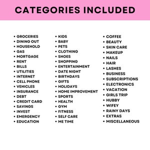 Puede incluir: Una lista rosa y blanca de categor&iacute;as para un planificador de presupuesto. Las categor&iacute;as incluyen comestibles, salir a cenar, hogar, gasolina, hipoteca, alquiler, facturas, servicios p&uacute;blicos, internet, tel&eacute;fono m&oacute;vil, veh&iacute;culos, seguro, deudas, tarjeta de cr&eacute;dito, ahorros, invertir, emergencias, educaci&oacute;n, ni&ntilde;os, beb&eacute;, mascotas, ropa, zapatos, compras, entretenimiento, citas, cumplea&ntilde;os, regalos, vacaciones, mejoras para el hogar, deportes, salud, gimnasio, acondicionamiento f&iacute;sico, cuidado personal, tiempo para m&iacute;, caf&eacute;, belleza, cuidado de la piel, maquillaje, u&ntilde;as, cabello, pesta&ntilde;as, negocios, suscripciones, electr&oacute;nica, vacaciones, viajes de chicas, esposo, esposa, d&iacute;as lluviosos, extras y miscel&aacute;nea.