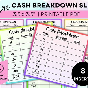 Printable Cash Breakdown Slip Printable Teller Slip Cash Withdrawal Slip Cash Denomination Slip Cash Budgeting Printable Cash Stuffing