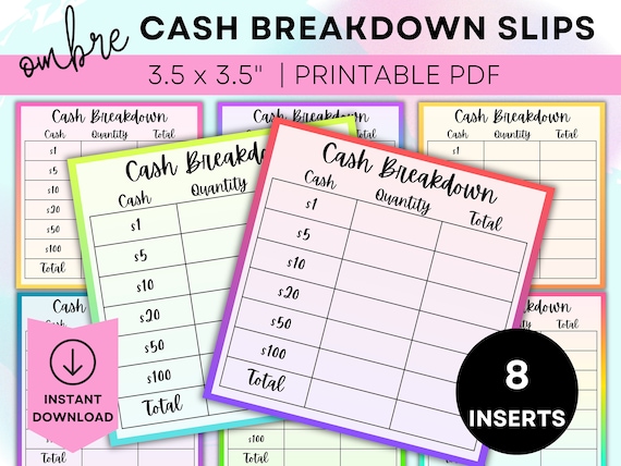 Printable Cash Breakdown Slip Printable Teller Slip Cash Withdrawal Slip Cash Denomination Slip Cash Budgeting Printable Cash Stuffing