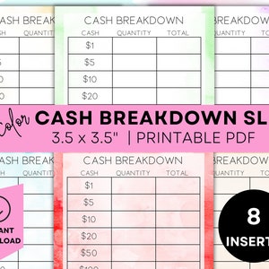 Printable Cash Breakdown Slip Printable Teller Slip Cash Withdrawal Slip Cash Denomination Slip Cash Budgeting Printable Cash Stuffing