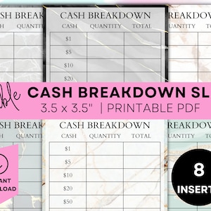 Printable Cash Breakdown Slip Printable Teller Slip Cash Withdrawal Slip Cash Denomination Slip Cash Budgeting Printable Cash Stuffing