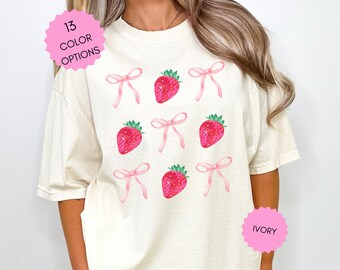 Coquette Strawberry Shirt Unisex Comfort Colors Shirt Coquette Clothing Women's Shirt Pink Bow Shirt Preppy Stuff Downtown Girl Shirt