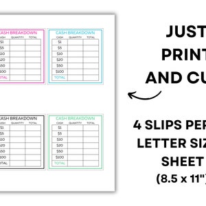 Printable Cash Breakdown Slip Printable Teller Slip Cash Withdrawal Slip Cash Denomination Slip Cash Budgeting Printable Cash Stuffing image 5