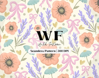Spring Seamless File, Coquette Seamless Pattern PNG, Pastel Floral Seamless Pattern, Spring Floral Bows, Spring Floral Digital Paper