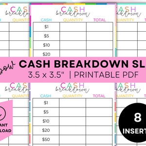 Printable Cash Breakdown Slip Printable Teller Slip Cash Withdrawal Slip Cash Denomination Slip Cash Budgeting Printable Cash Stuffing