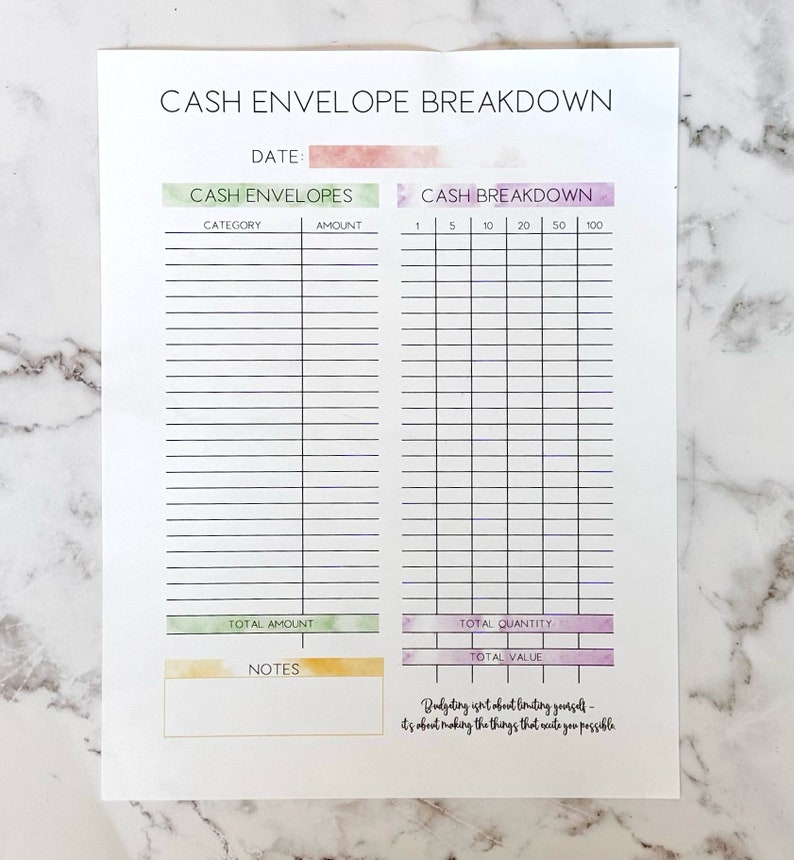 Printable Cash Envelope Breakdown Sheet Printable Cash Denomination