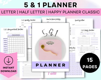 Puede incluir: Un planificador imprimible con un esquema de color rosa y morado. El planificador está diseñado para la pérdida de peso y presenta un gráfico de escala, un rastreador semanal, un rastreador de medidas, un rastreador diario y un plan de ejercicios. El planificador tiene 15 páginas y está disponible para descarga instantánea.