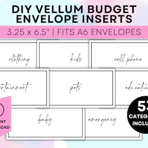 Könnte beinhalten: Druckbare Budget-Umschlaginserts für ein Bargeld-Umschlagsystem. Die druckbaren Inserts sind für A6-Umschläge konzipiert und messen 8,3 cm x 16,5 cm. Die druckbaren Inserts umfassen Kategorien wie Kleidung, Kinder, Handy, Unterhaltung, Haustiere, Bildung, Baby und Notfälle. Die druckbaren Inserts stehen zum sofortigen Download bereit.