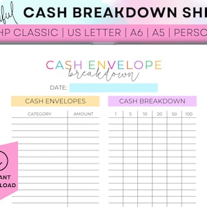 Printable Cash Envelope Breakdown Sheet Printable Cash Denomination Sheet Budget Breakdown Cash Budgeting Printable Cash Stuffing