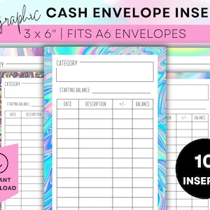 Puede incluir: 10 inserciones para sobres de efectivo holográficos, imprimibles, 7,6 x 15,2 cm, aptas para sobres A6. Las inserciones tienen un fondo iridiscente arcoíris con líneas negras y texto para presupuestar.