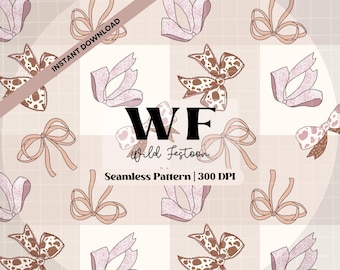 Puede incluir: Un patrón sin costuras que presenta varios lazos en rosa, marrón y blanco con un diseño de estampado de leopardo. El patrón está sobre un fondo marrón claro con un patrón de cuadrícula. El texto "WF Wild Festoon Seamless Pattern | 300 DPI" está en el centro de la imagen.