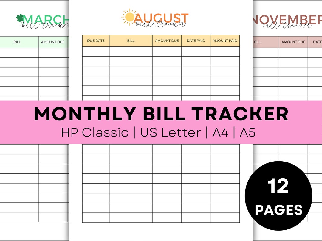 Printable Monthly Bill Tracker Printable Planner Inserts Printable Bill Organizer Printable ...