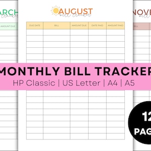 Pode incluir: Rastreador de contas mensal imprimível com 12 páginas. As páginas são rotuladas com os meses de março, agosto e novembro. Cada página tem colunas para conta, valor devido, data de vencimento, data de pagamento e valor pago.