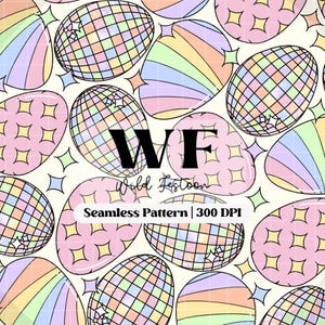 Pode incluir: Um padrão sem costura com bolas de discoteca e desenhos em forma de ovo em cores pastel. O design inclui listras de arco-íris, padrões geométricos e detalhes de estrelas e quadrados. O texto "WF Wild Festoon Seamless Pattern | 300 DPI" também está presente.