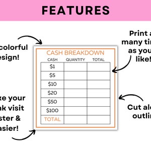 Printable Cash Breakdown Slip Printable Teller Slip Cash Withdrawal Slip Cash Denomination Slip Cash Budgeting Printable Cash Stuffing image 3