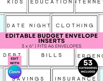 Inserti stampabili per raccoglitori di budget modificabili Etichette per buste di budget stampabili Inserti per raccoglitori di budget per l'inserimento di denaro Fodera per buste A6 stampabile
