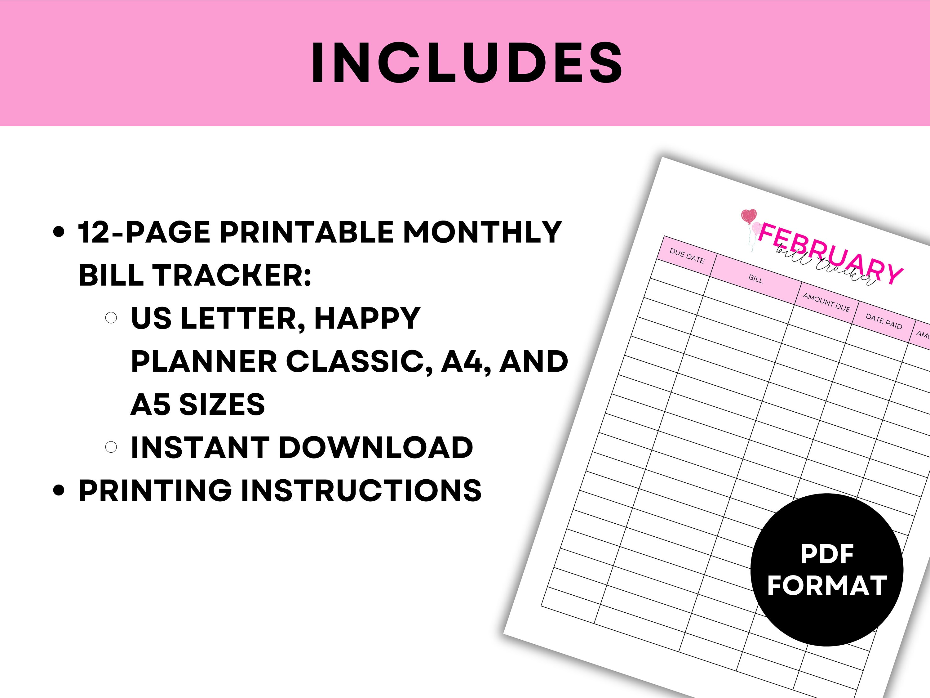 Printable Monthly Bill Tracker Printable Planner Inserts Printable Bill ...