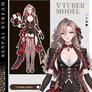 Op de afbeelding: Een digitale illustratie van een personage met het label VTUBER MODEL en SENPAI STREAM. Het personage heeft golvend lichtbruin haar, een rode roos als accessoire en draagt een zwart-rode outfit met speelkaartmotieven, een strikje en handschoenen.
