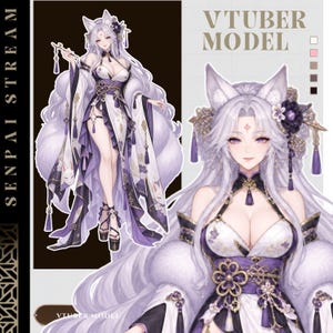 Könnte beinhalten: Eine digitale Illustration eines VTuber-Modells mit einer Figur mit langem hellviolettem Haar, Fuchsohren und violetten Augen. Die Figur trägt ein weiß-violettes Outfit mit Blumenmustern, Quasten und einem hochgeschlitzten Rock. Text VTUBER MODEL.