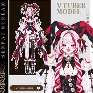 Könnte beinhalten: Eine digitale Illustration eines VTuber-Modells, das einen Charakter mit weiß-rotem Haar zeigt, der ein von Narren inspiriertes Outfit in Schwarz, Weiß und Rot trägt. Die Figur hat eine Clownsnase, rote Fingernägel und ein komplexes Kostüm mit Schleifen.
