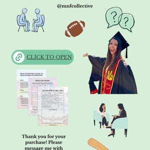 Peut inclure: Un guide numérique intitulé HIGH-STAKES INTERVIEW GUIDE par @mnfcollective avec une personne diplômée en toge, un ballon de football américain, une batte et une balle de baseball, des icônes, un bouton CLICK TO OPEN et des fiches d'entretien.