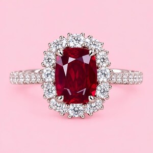 May include: A silver-toned ring featuring a large, cushion-cut deep red gemstone at the center. The central stone is surrounded by a halo of small, round, clear white stones. The band is also set with a row of small, round, clear white stones.