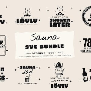 May include: A digital collection of black sauna-themed graphic designs on a light background. The text includes phrases like MORE LÖYLY PLEASE, OFFICIAL LÖYLY THROWER, SAUNA RULES, and 78 IS NOT HOT ENOUGH, alongside icons of buckets, ladles, and thermometers.
