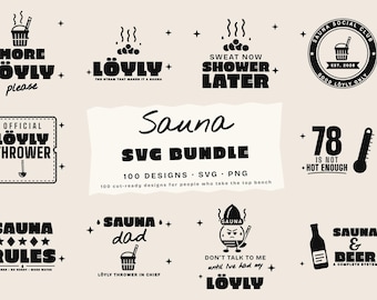 May include: A digital collection of black sauna-themed graphic designs on a light background. The text includes phrases like MORE LÖYLY PLEASE, OFFICIAL LÖYLY THROWER, SAUNA RULES, and 78 IS NOT HOT ENOUGH, alongside icons of buckets, ladles, and thermometers.
