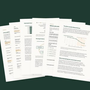 May include: A stack of white informational pages featuring black text, headers, and charts about hearing health. The documents include sections titled Where you are, The pitch usually follows the loss, and How loud is too loud, with diagrams.
