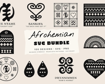 May include: A digital collection of black graphic designs on a light background, featuring Adinkra symbols like Gye Nyame, Sankofa, and Dwennimmen, alongside mudcloth patterns, geometric shapes, and the text Afrohemian SVG BUNDLE 100 DESIGNS SVG PNG.