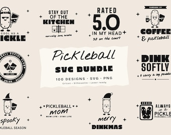 May include: A collection of black and white pickleball-themed graphic designs featuring various illustrations of pickles, paddles, and text such as Cool as a Pickle, Stay Out of the Kitchen, Rated 5.0, Dink Softly, Pickleball Mom, and Merry Dinkmas.