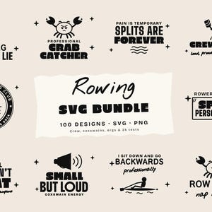 May include: A digital collection of black graphic designs on a light background featuring rowing-themed illustrations and text including The Erg Does Not Lie, Professional Crab Catcher, Pain Is Temporary Splits Are Forever, and Crew Mom.
