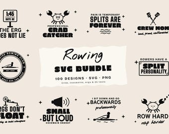 May include: A digital collection of black graphic designs on a light background featuring rowing-themed illustrations and text including The Erg Does Not Lie, Professional Crab Catcher, Pain Is Temporary Splits Are Forever, and Crew Mom.