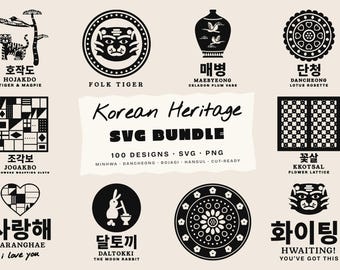 May include: A digital collection of black and white Korean heritage graphic designs featuring icons like a tiger, vase, lotus, and lattice patterns. The central text reads Korean Heritage SVG BUNDLE 100 DESIGNS SVG PNG MINHWA DANCHEONG BOJAGI HANGUL CUT-READY.