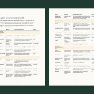 May include: A two-page informational document titled Every option, and what stands behind it, featuring a detailed table with columns for options, descriptions, evidence, and providers regarding tinnitus treatments and management strategies.
