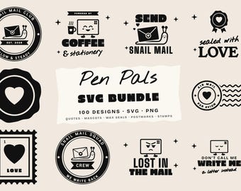 May include: A collection of black graphic designs on a light background featuring the text Pen Pals SVG BUNDLE 100 DESIGNS SVG PNG QUOTES MASCOTS WAX SEALS POSTMARKS STAMPS. Includes snail mail icons, wax seals, hearts, and various letter-themed phrases.