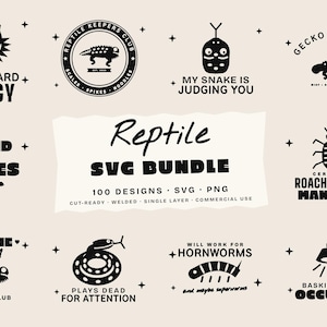 May include: A collection of black graphic designs on a light background featuring reptile-themed illustrations and text including Black Beard Energy, My Kid Has Scales, Reptile Keepers Club, My Snake Is Judging You, Gecko Society, and Roach Colony Manager.