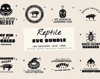 May include: A collection of black graphic designs on a light background featuring reptile-themed illustrations and text including Black Beard Energy, My Kid Has Scales, Reptile Keepers Club, My Snake Is Judging You, Gecko Society, and Roach Colony Manager.