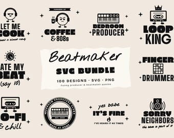 May include: A collection of black graphic designs on a light background featuring music production themes. Text includes "LET ME COOK", "COFFEE & 808s", "BEDROOM PRODUCER", "LOOP KING", "RATE MY BEAT", "FINGER DRUMMER", "LO-FI & CHILL", "IT'S FIRE", and "SORRY NEIGHBORS".