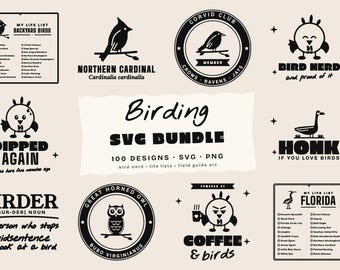 May include: A collection of black and white digital graphic designs featuring bird-themed illustrations and text. The set includes checklists for backyard birds and Florida birds, circular badges for corvids and owls, and various humorous slogans like Bird Nerd and Honk.