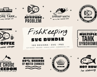 May include: A digital collection of black and white fishkeeping-themed graphic designs featuring illustrations of fish, shrimp, and aquatic plants. The text includes phrases like Just One More Tank, Shrimp Math, and Multiple Tank Syndrome.
