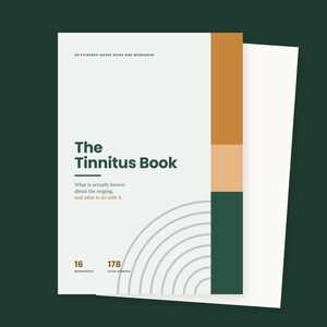 May include: A softcover book titled The Tinnitus Book, an evidence-based guide and workbook. The cover is off-white with dark green text, featuring a vertical color block design in mustard, peach, and dark green, plus gray concentric arcs.