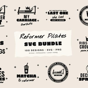 Könnte beinhalten: Eine digitale Sammlung von schwarz-weißen Grafikdesigns mit Pilates-Illustrationen und Texten wie Reformer Rat, My Carriage Awaits, Last One She Lied, Shaky Legs Club, Bows & Springs, Ribs Down Crown Up, Pilates Besties, Matcha & Reformer, Reformer Social Club und Deck The Springs.